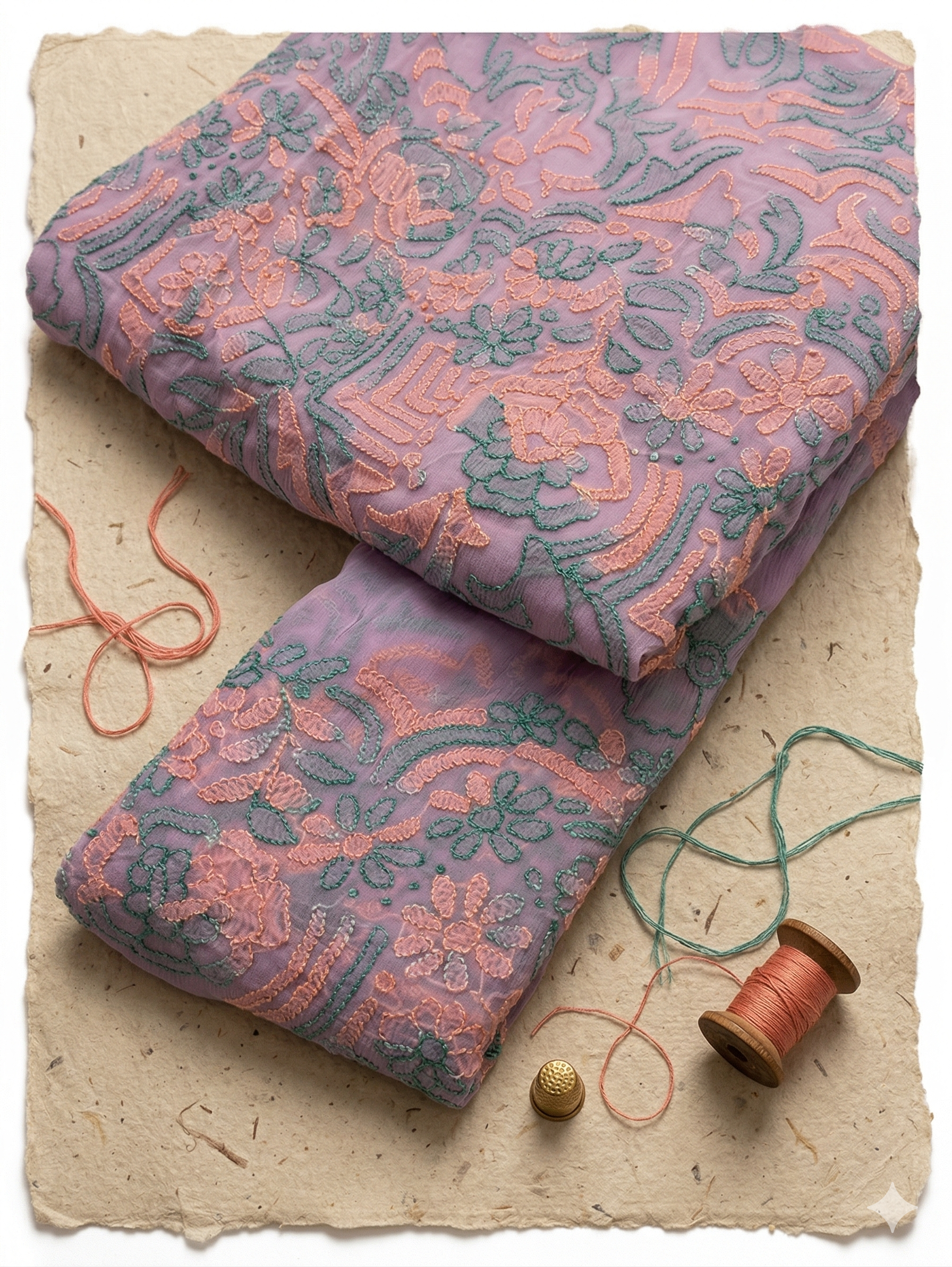 Elegant Mauve & Coral-Teal Hand-Embroidered Chikankari-Style Unstitched Kurta & Dupatta Fabric Set