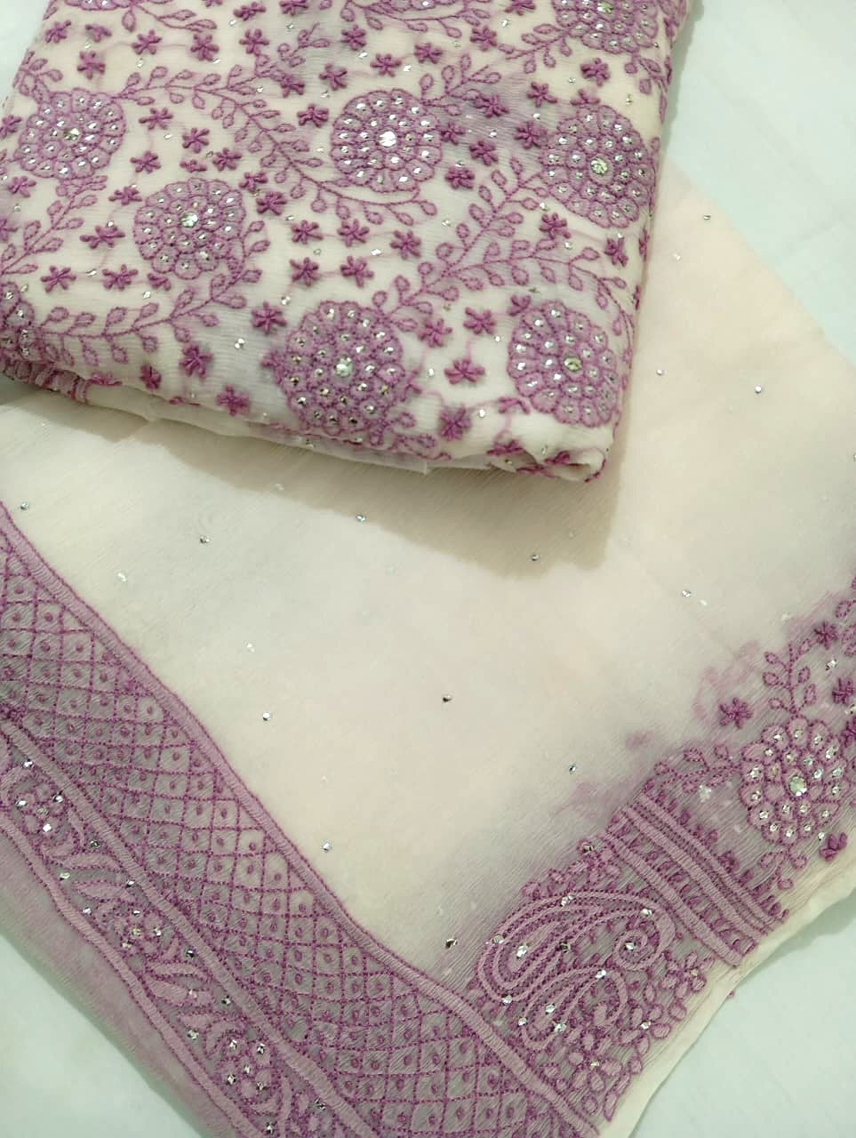 Crystal Embellished Mauve-Pink and White Hand-Embroidered Unstitched Fabric Set