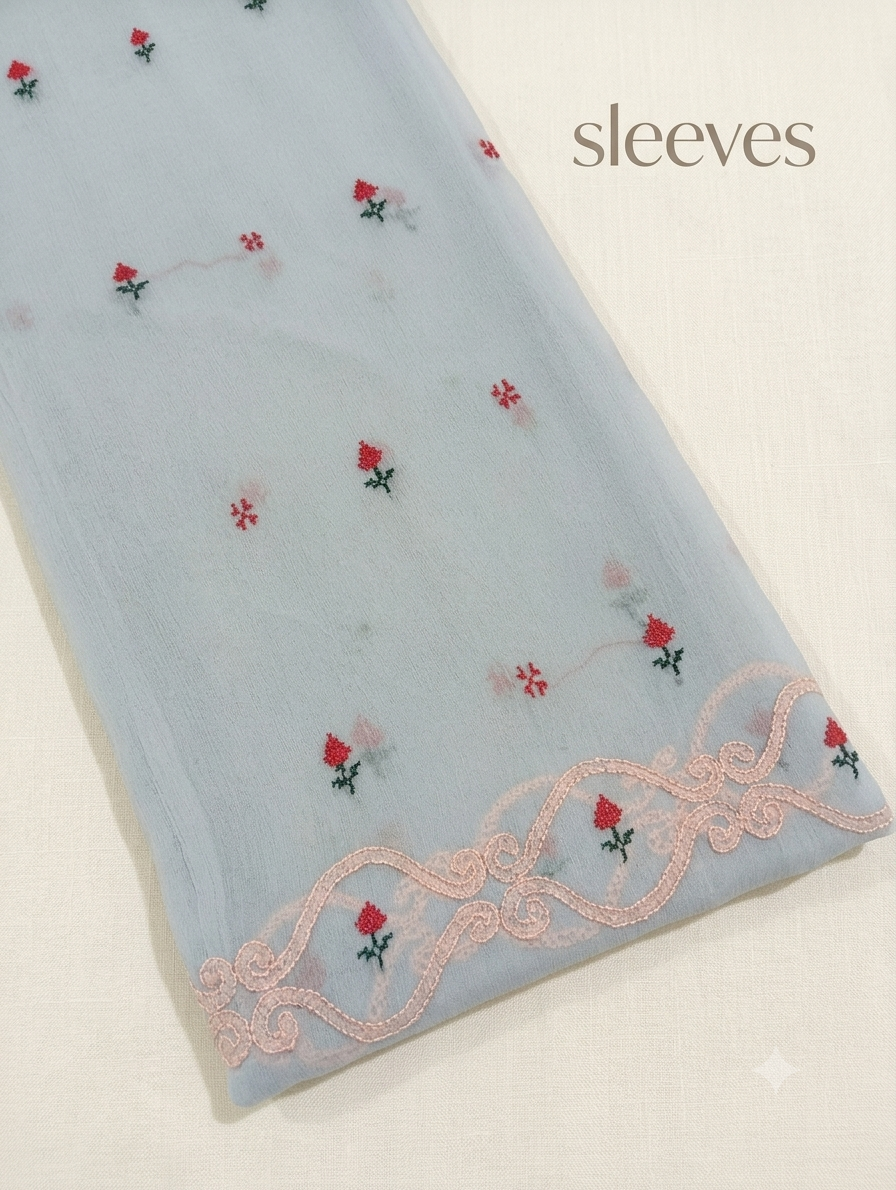 Artisanal Hand-Embroidered Floral Unstitched chifoon Suit – Soft gry & Blush Pink Cross-Stitch Design