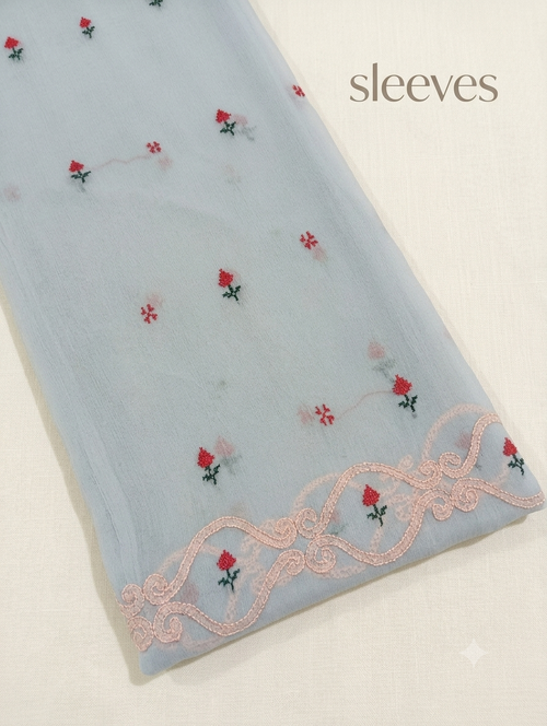 Artisanal Hand-Embroidered Floral Unstitched chifoon Suit – Soft gry & Blush Pink Cross-Stitch Design