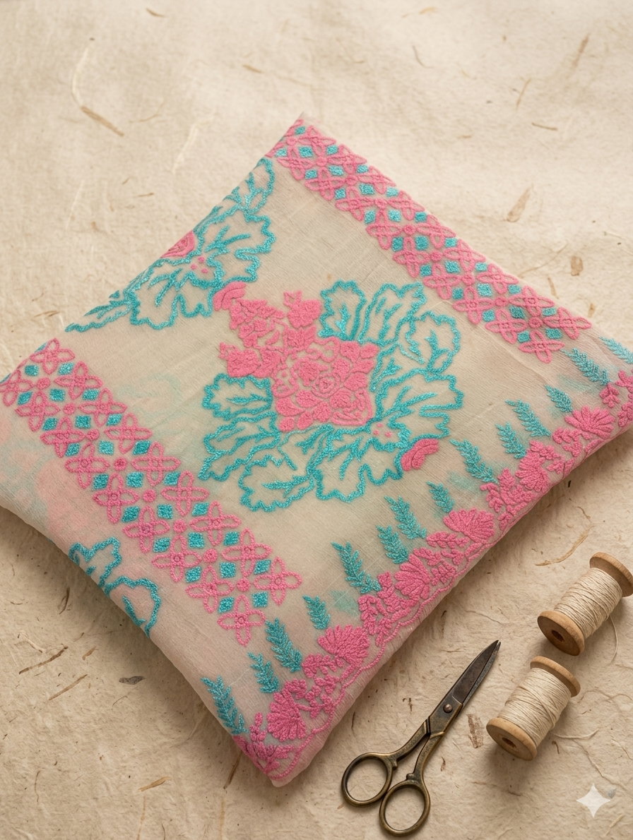 Hand-Embroidered 2-Piece Pure China Crinkle Suit – Artisanal Floral "Resham" Work in Fuchsia & Turquoise