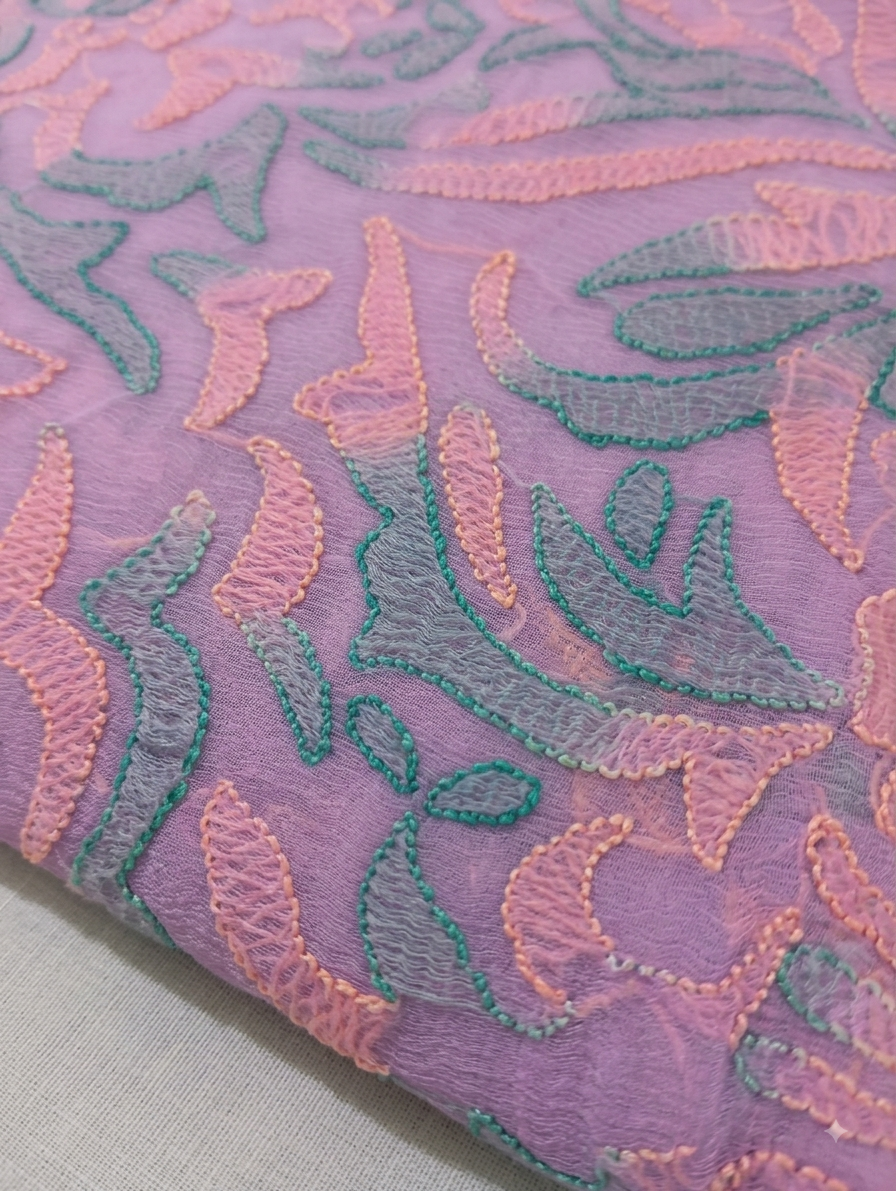 Elegant Mauve & Coral-Teal Hand-Embroidered Chikankari-Style Unstitched Pure Crinkle Chiffon Kurta & Dupatta Fabric Set