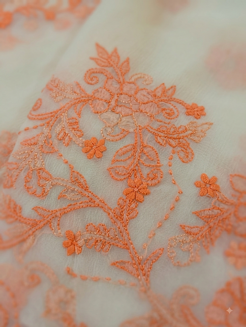 Artisanal Peach Floral Jaal Hand-Embroidered Unstitched Suit – Prue Chiffon Crinkle