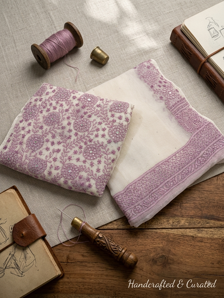 Mauve Bloom 2-Piece Hand-Embroidered Pure Crinkle Suit