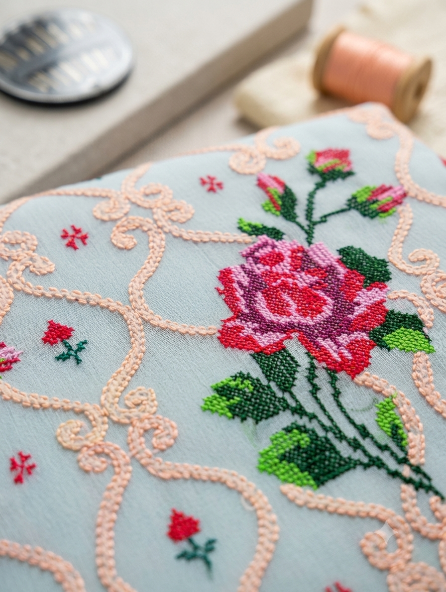 Artisanal Hand-Embroidered Floral Unstitched chifoon Suit – Soft gry & Blush Pink Cross-Stitch Design