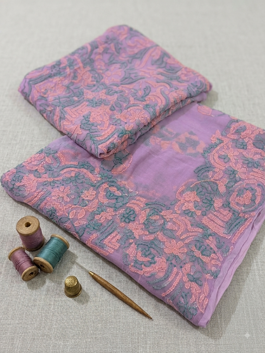 Elegant Mauve & Coral-Teal Hand-Embroidered Chikankari-Style Unstitched Pure Crinkle Chiffon Kurta & Dupatta Fabric Set