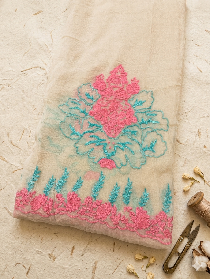 Hand-Embroidered 2-Piece Pure China Crinkle Suit – Artisanal Floral "Resham" Work in Fuchsia & Turquoise