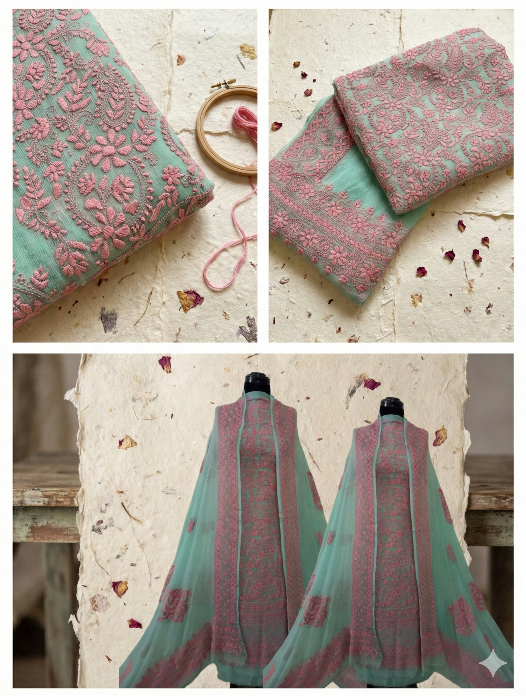 Mint Breeze & Rose Pink Hand-Embroidered Unstitched Ensemble
