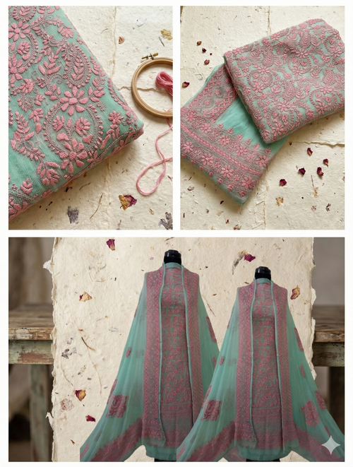 Mint Breeze & Rose Pink Hand-Embroidered Unstitched Ensemble