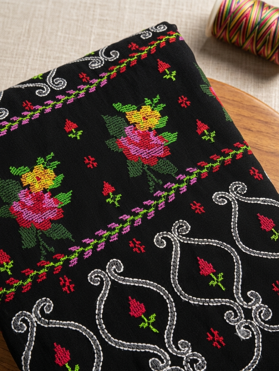 Hand-Embroidered 2-Piece Unstitched chifoon Suit – Traditional Cross-Stitch Floral Design in Black