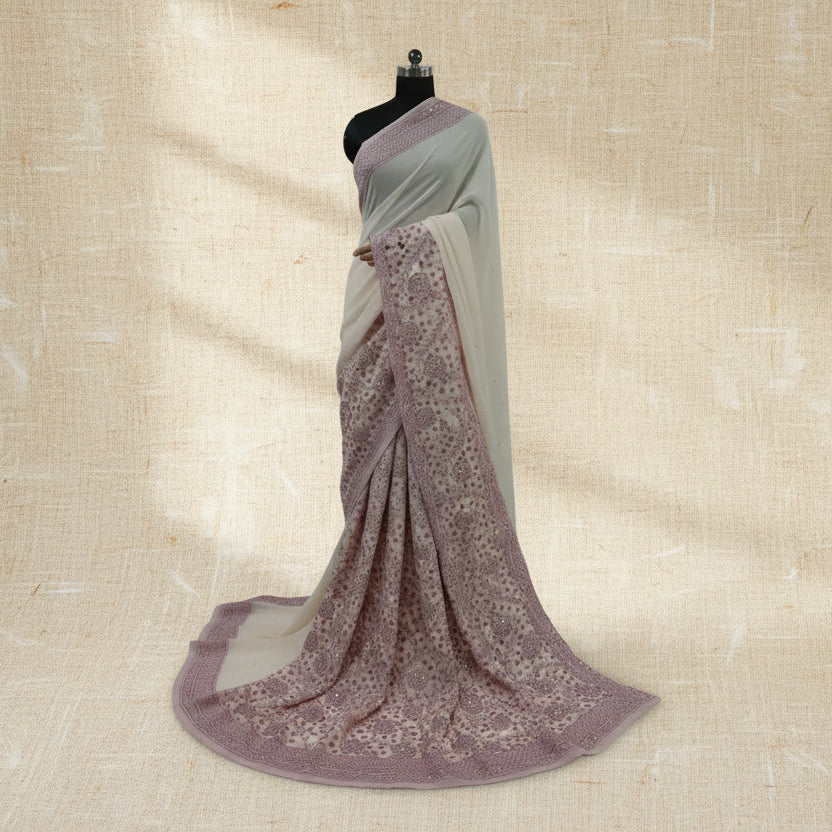 Crystal Embellished Mauve-Pink and White Hand-Embroidered Unstitched Fabric Set