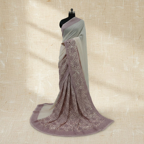 Crystal Embellished Mauve-Pink and White Hand-Embroidered Unstitched Fabric Set