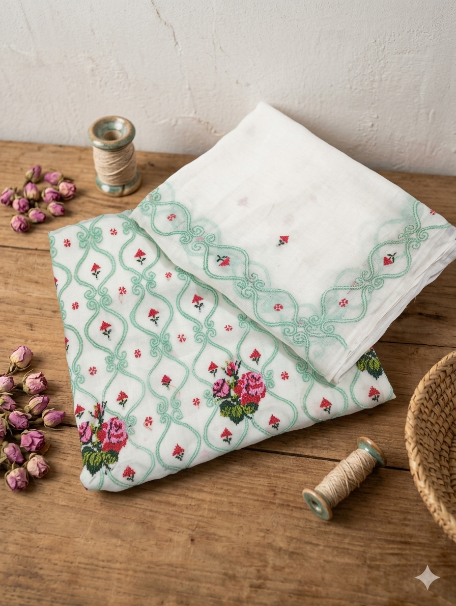 Title: Mint Lattice & Rose Hand-Embroidered Fabric Set – White Chiffon Artisanal Collection