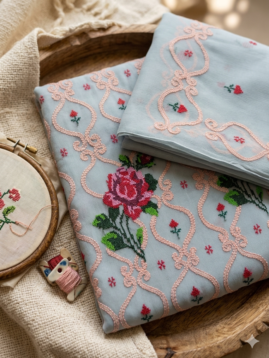 Artisanal Hand-Embroidered Floral Unstitched chifoon Suit – Soft gry & Blush Pink Cross-Stitch Design