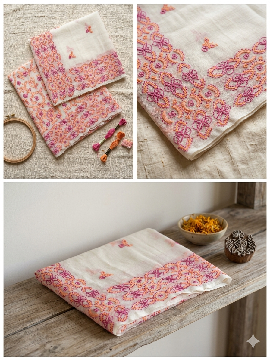 Hand-Embroidered Floral oringal crinkle chifoon Unstitched Suit Set – Off-White with Orange & Pink Accents