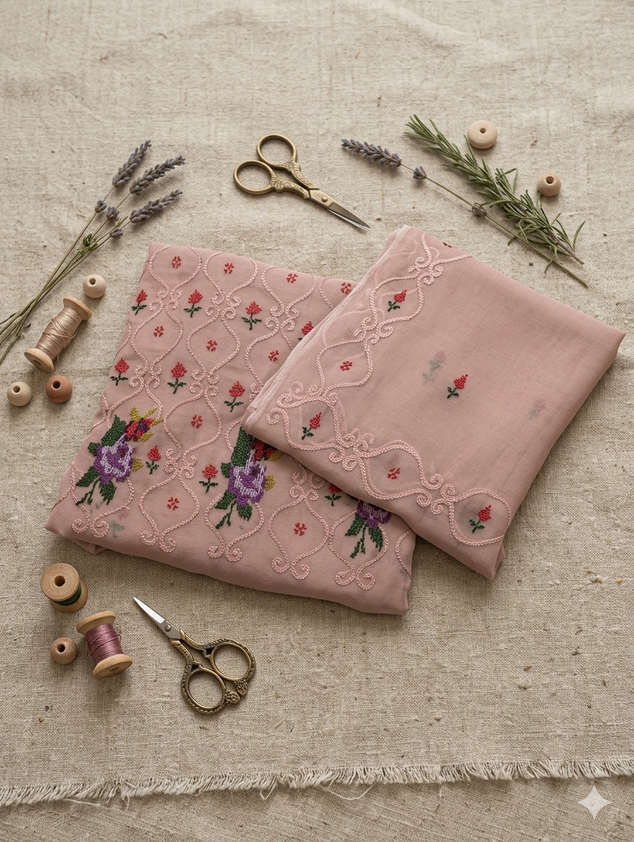 Hand-Embroidered cross stich emb Chiffon Fabric Set – Artisanal Floral Design
