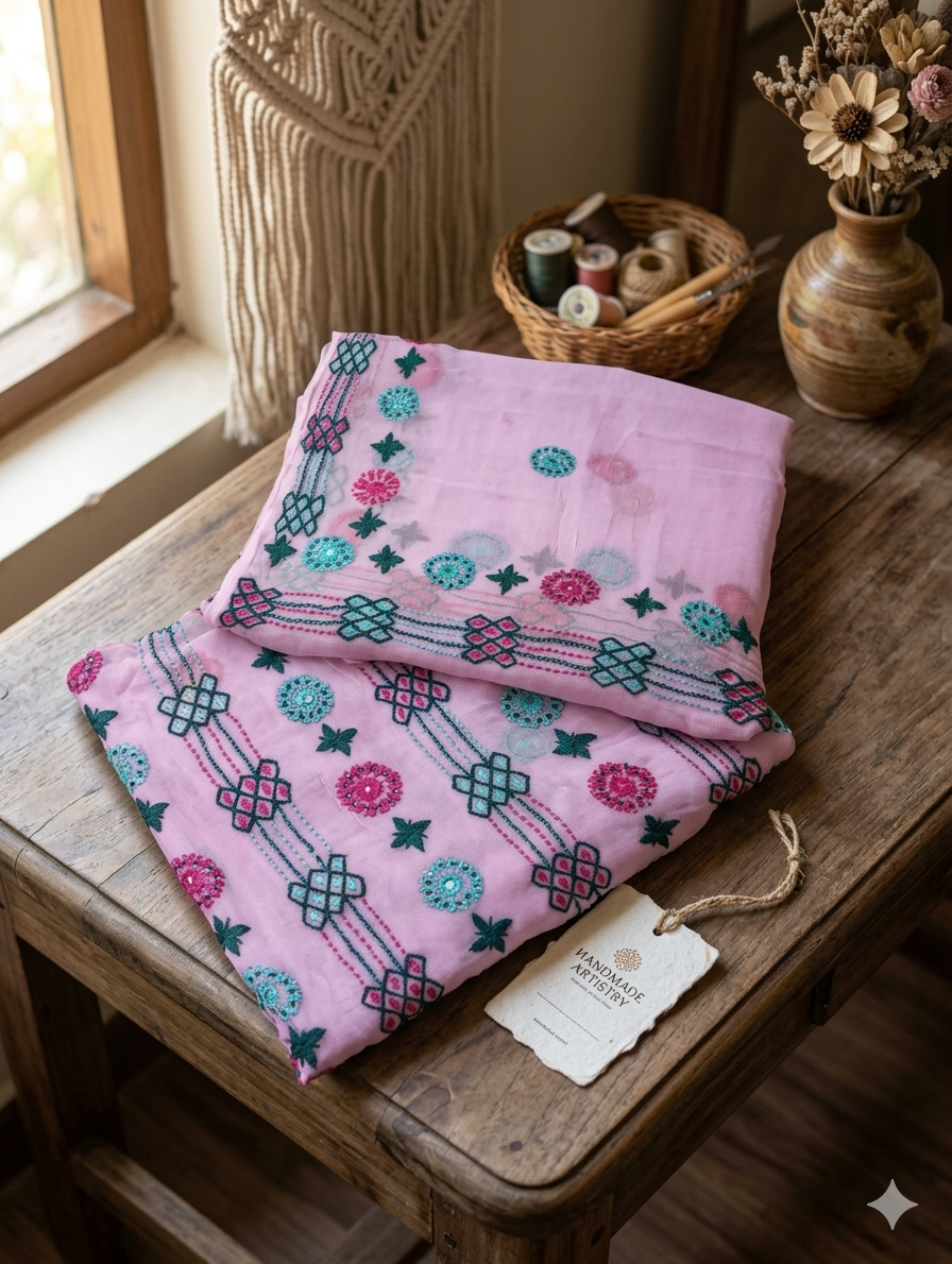 Hand-Embroidered Pink oringal crinkle chifoon Unstitched Suit Set – Geometric & Floral Teal Accents
