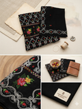Hand-Embroidered 2-Piece Unstitched chifoon Suit – Traditional Cross-Stitch Floral Design in Black