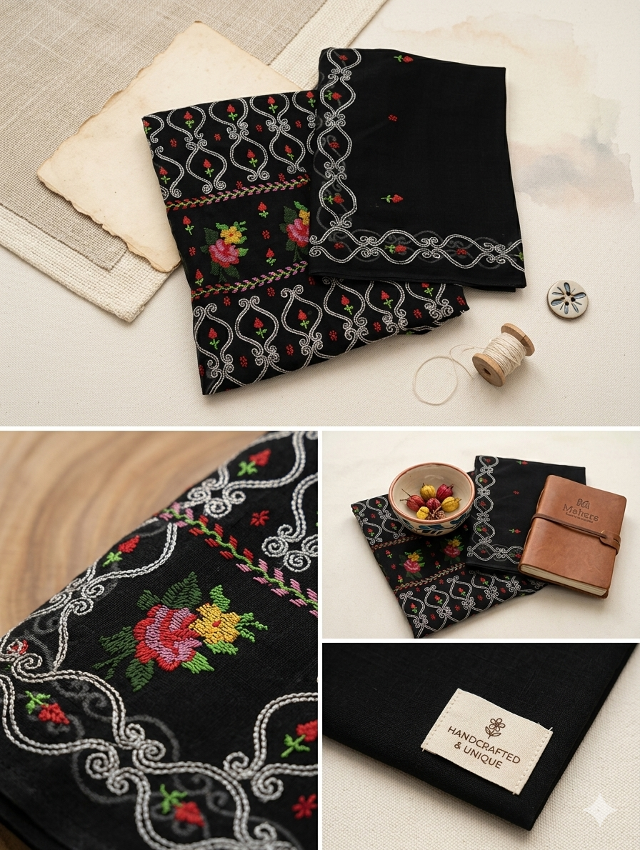 Hand-Embroidered 2-Piece Unstitched chifoon Suit – Traditional Cross-Stitch Floral Design in Black